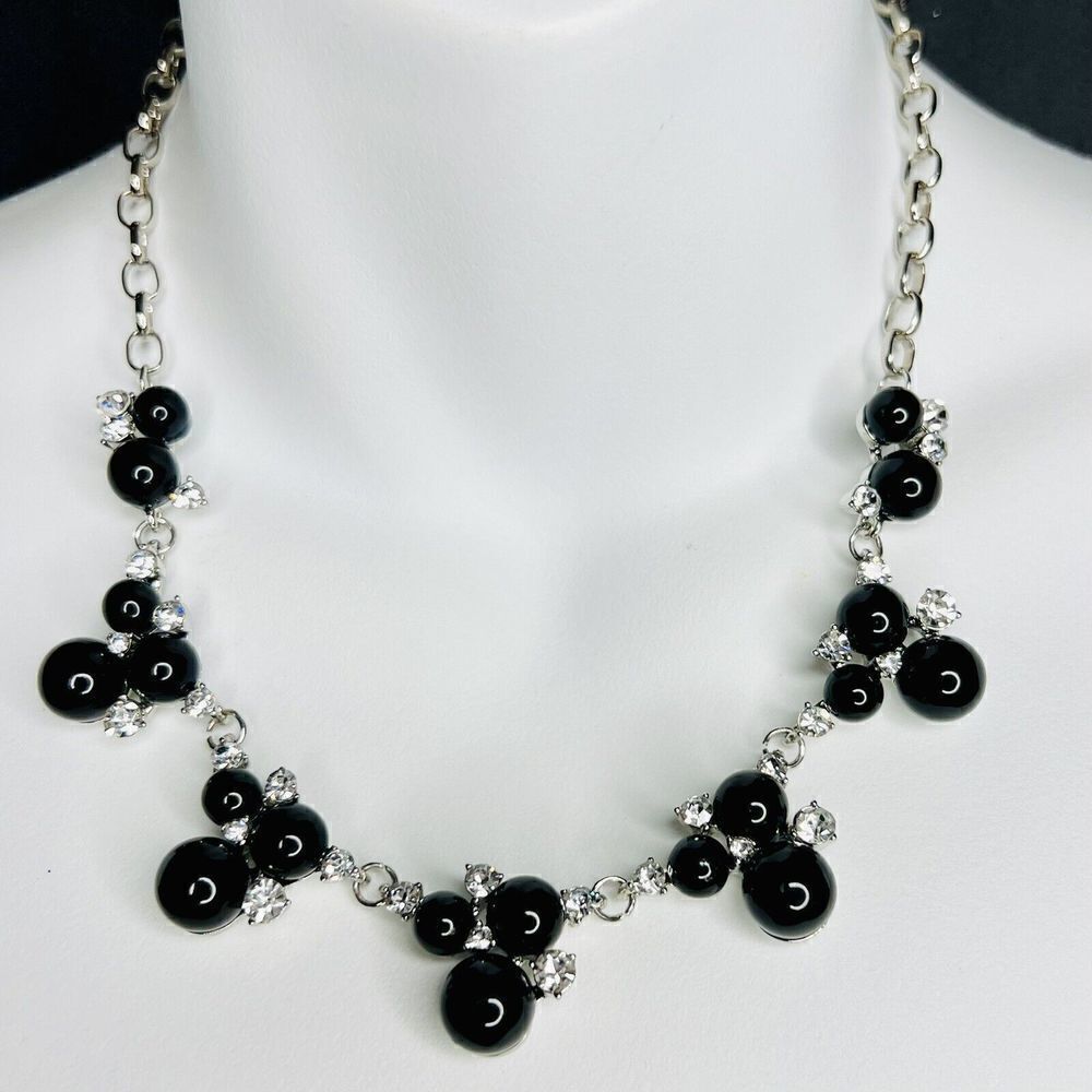 BEAUTIFUL Clear Rhinestone Black Beads Bib Silver Tone Chain Necklace 4046